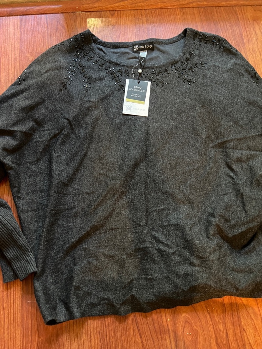 NWT Cable & Gauge charcoal sweater with black Beaded Neck - size X-Large
